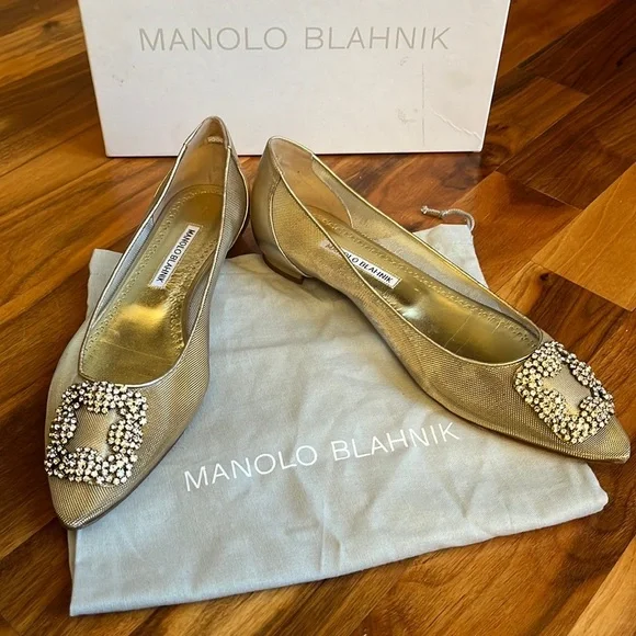 Manolo blahnik Hangisi Chrystal Buckle Gold Mesh Flats, 50th anniversary, NEW - Picture 11 of 17